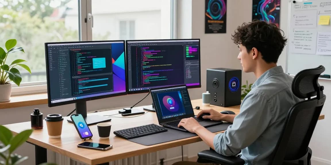 Focused coder using telegram中文 on multiple screens in a vibrant workspace filled with high-tech gadgets.