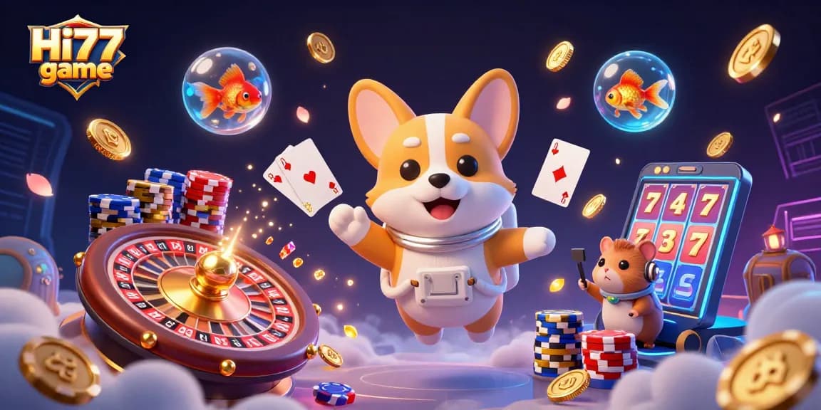 Experience thrilling gameplay with Hi77 game, featuring a vibrant floating casino scene with dynamic characters and elements.
