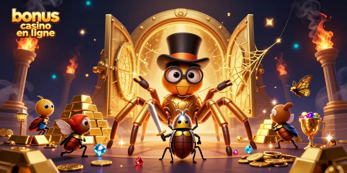 Bonus de casino en ligne : vivez l'excitation des jeux avec une araignée dorée et des personnages animés.