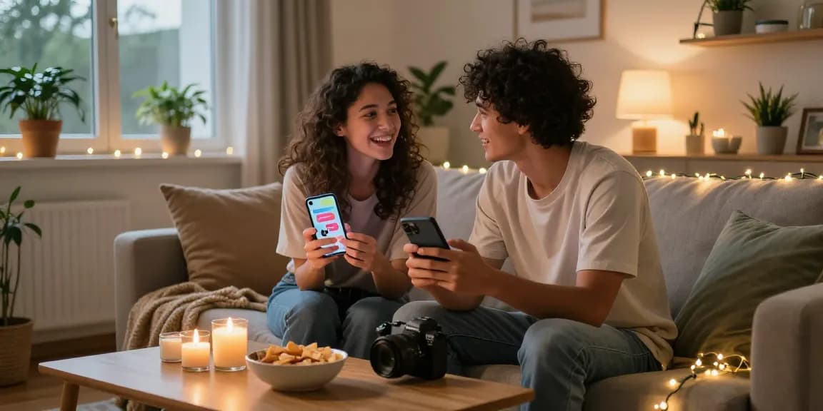 Couple enjoying playful sexting ai interactions in a cozy living room.