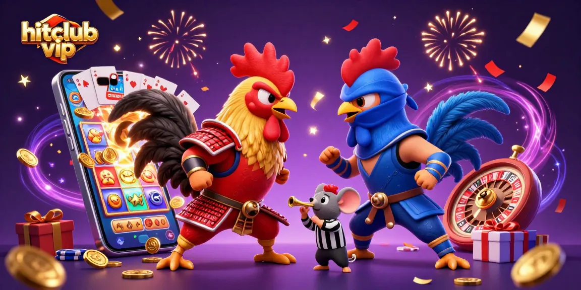 hitclub vip showcases thrilling action with roosters gaming amidst vibrant casino symbols