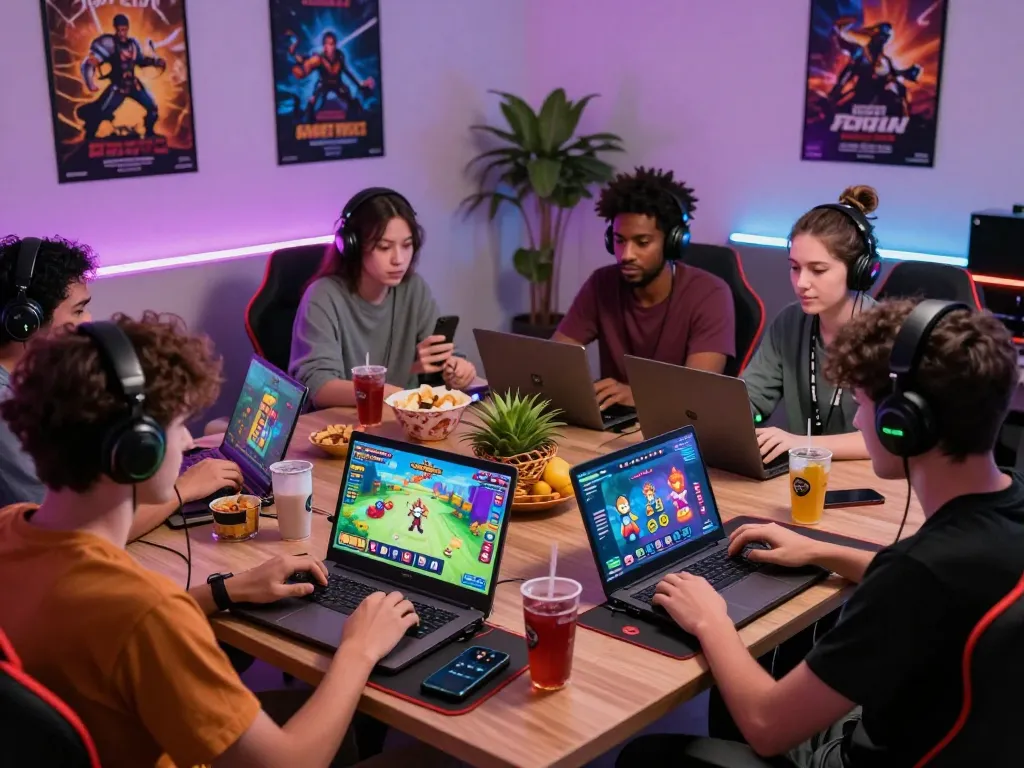 Group of friends enjoying engaging porn games html on laptops and tablets in a cozy gaming room.