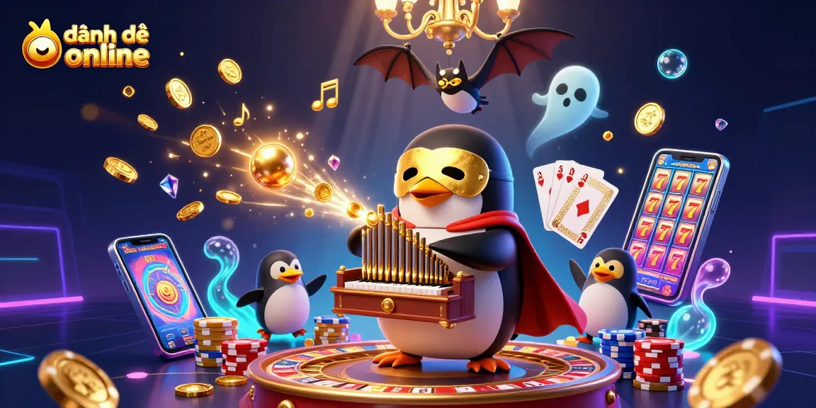 Experience the excitement of đánh đề online with a vibrant casino illustration of a penguin in action.