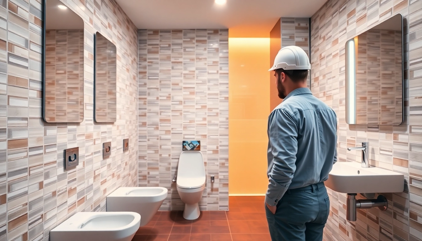 Commercial toilet refurbishment showcasing modern fixtures in a vibrant, professional restroom.