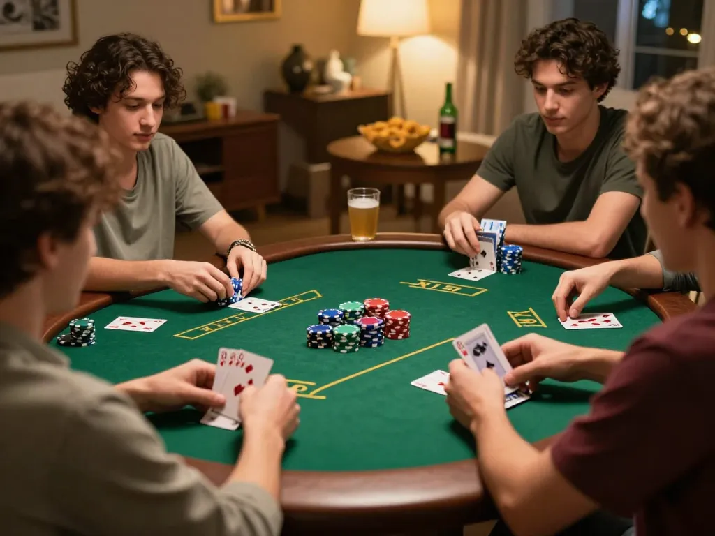 Friends enjoy a thrilling poker night at home with n188, showcasing strategic gameplay and vibrant interactions.