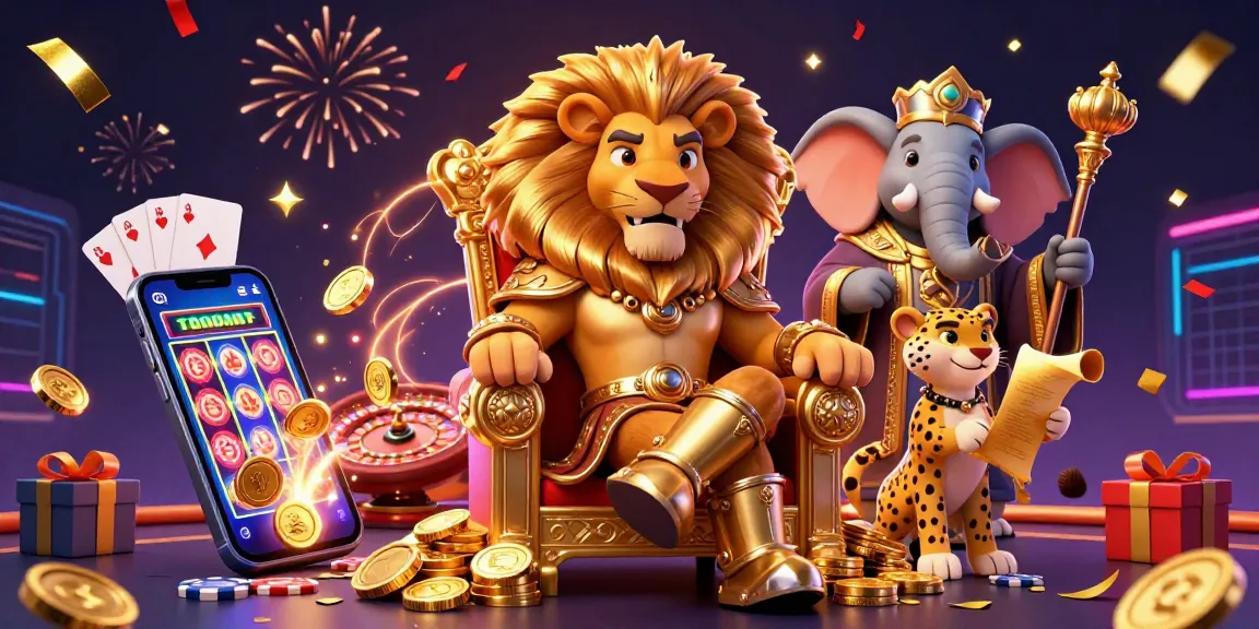 Baccarat game scene featuring lion king, wise elephant, and cheetah with casino elements.