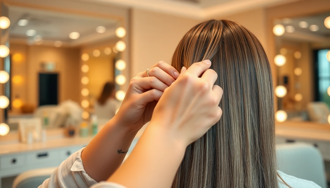 Applying genius weft hair extensions to achieve seamless volume and length in a stylish salon.