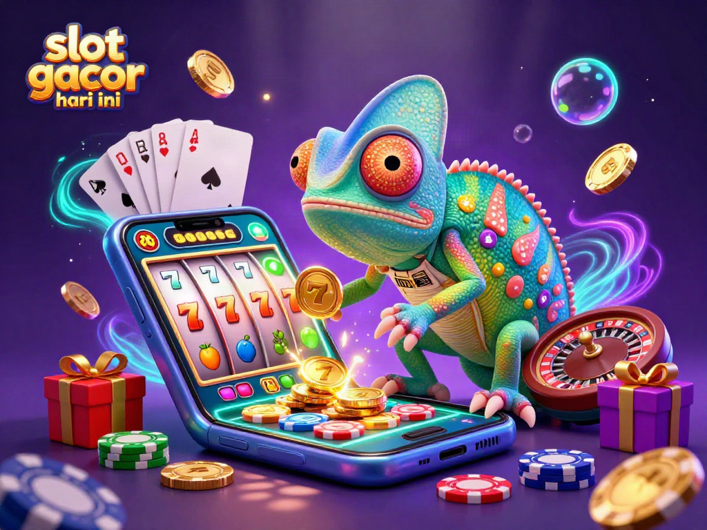 Play slot gacor hari ini with our colorful 3D illustration featuring games, coins, and a vibrant atmosphere.