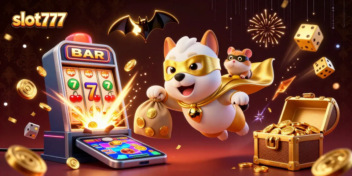 Experience thrilling adventures with slot777 alongside a superhero dog and hamster in an action-packed casino scene.