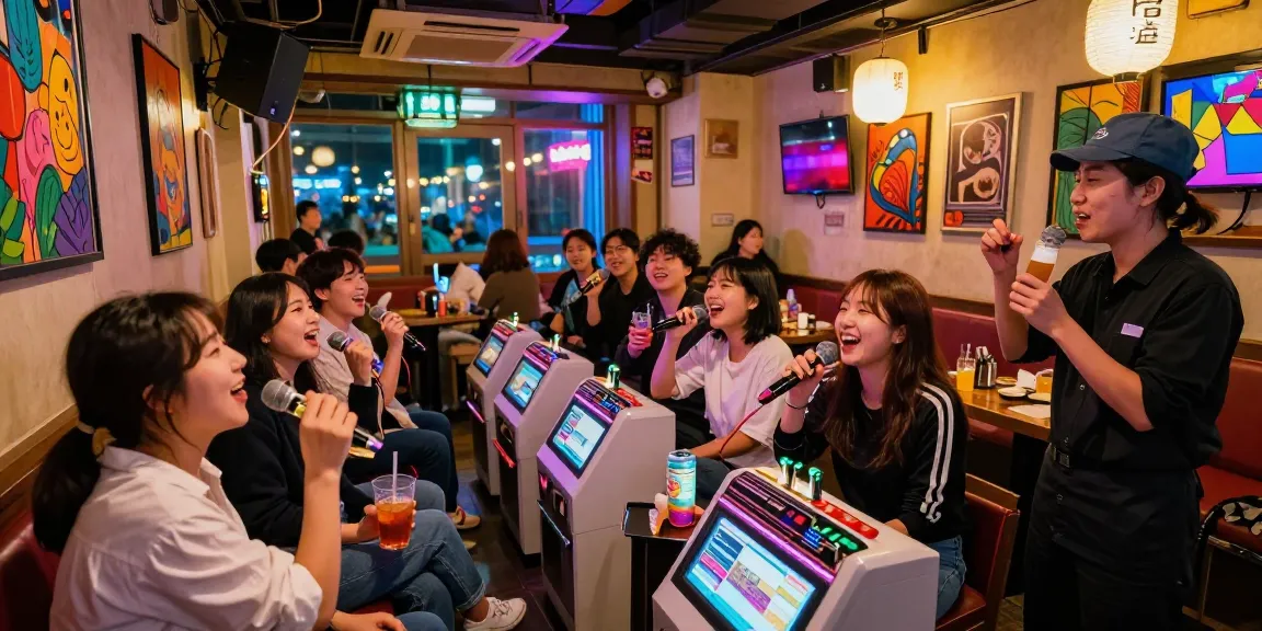 Jeju nightlife with friends enjoying karaoke in a lively bar setting, embodying 제주유흥 culture and excitement.