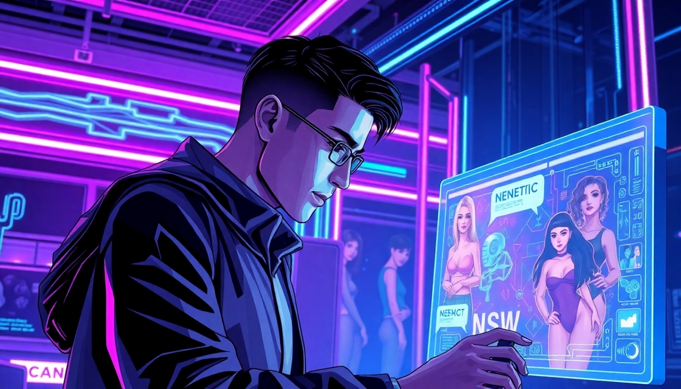 AI NSFW platform interaction with futuristic digital interface showcasing diverse characters and vibrant visuals.