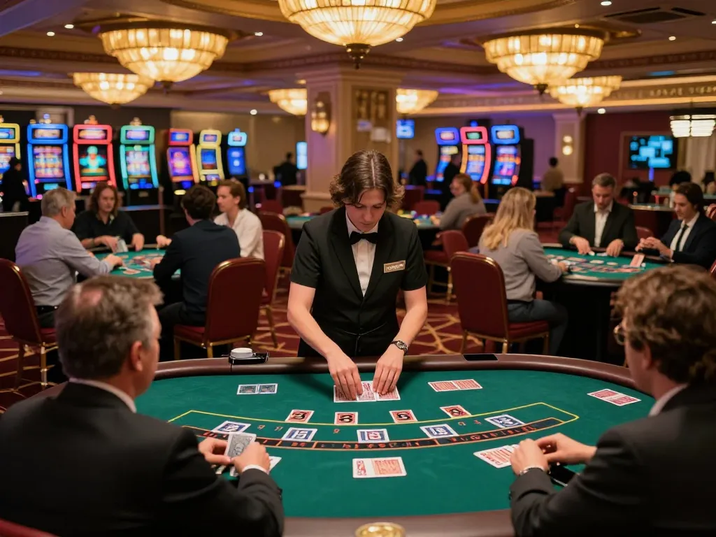 Players strategizing at stylish blackjack tables in a vibrant casino, capturing the essence of f8beta2 gaming excitement.