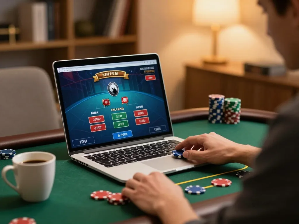Engaging session of online poker on a laptop, featuring TG88, with a player focused on virtual betting.