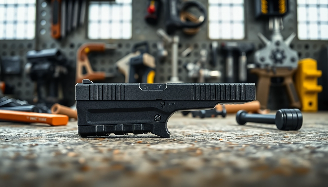 Buy Glock 17 MOS slide displayed in a professional setting with detailed focus on its design.