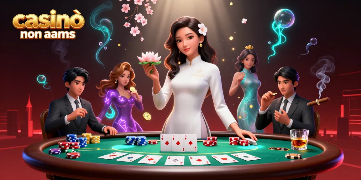 Vinci alla grande nei casinò online non aams con un'illustrazione 3D immersiva che mostra elementi di gioco vivaci e una donna asiatica