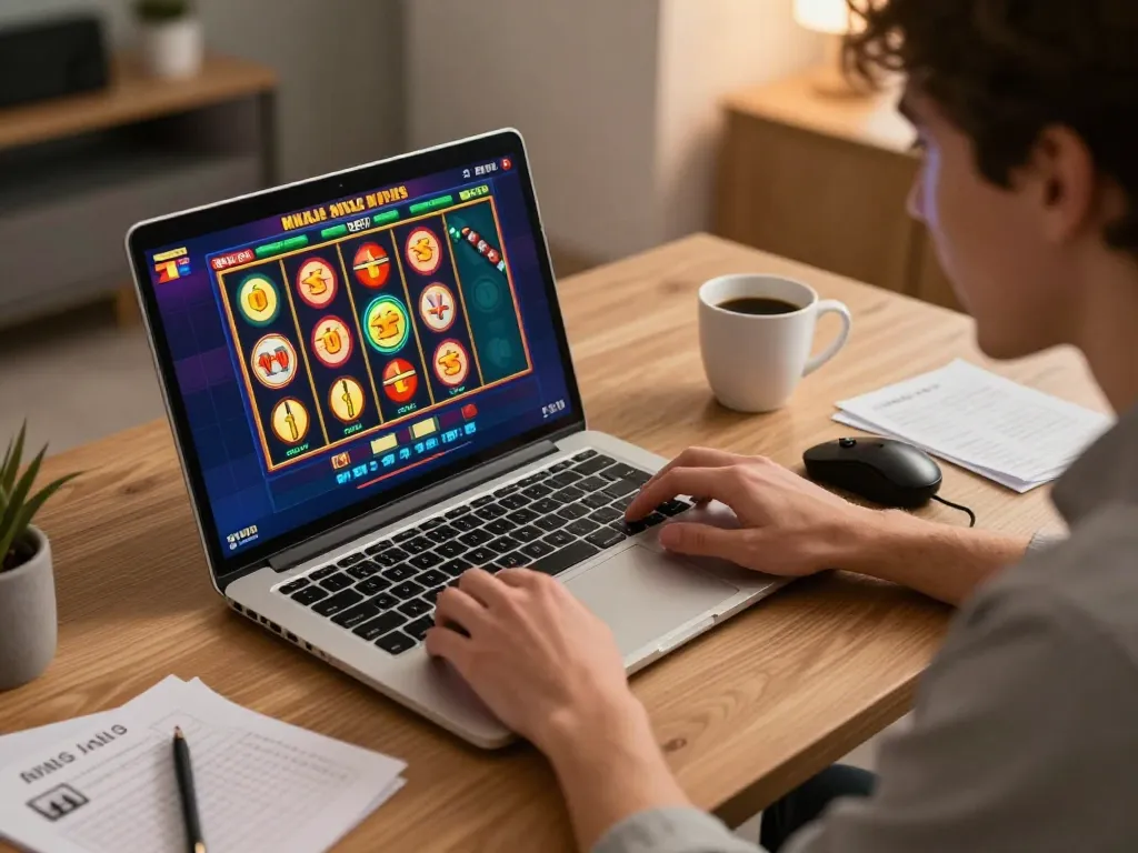 Engaged player on situs gacor exploring thrilling slot game experience on sleek laptop.