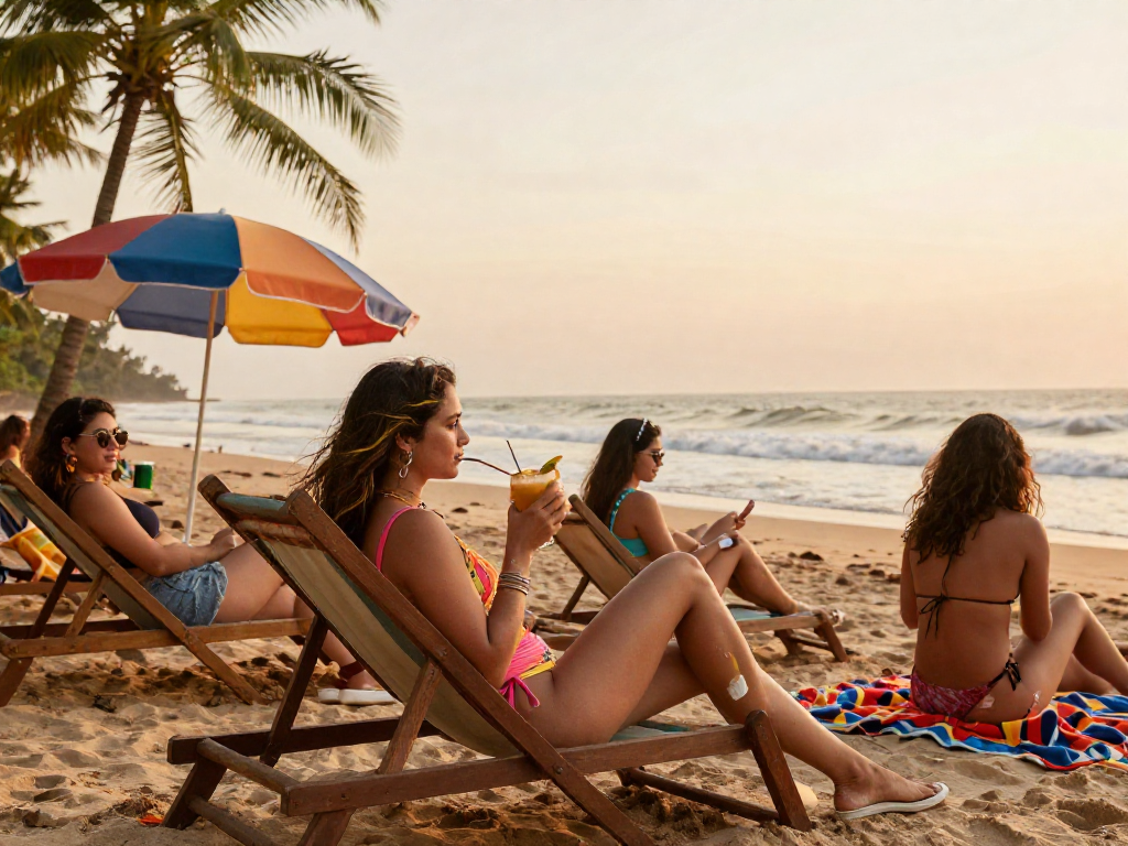 Goa call girls enjoying a vibrant beach sunset with drinks and smiles