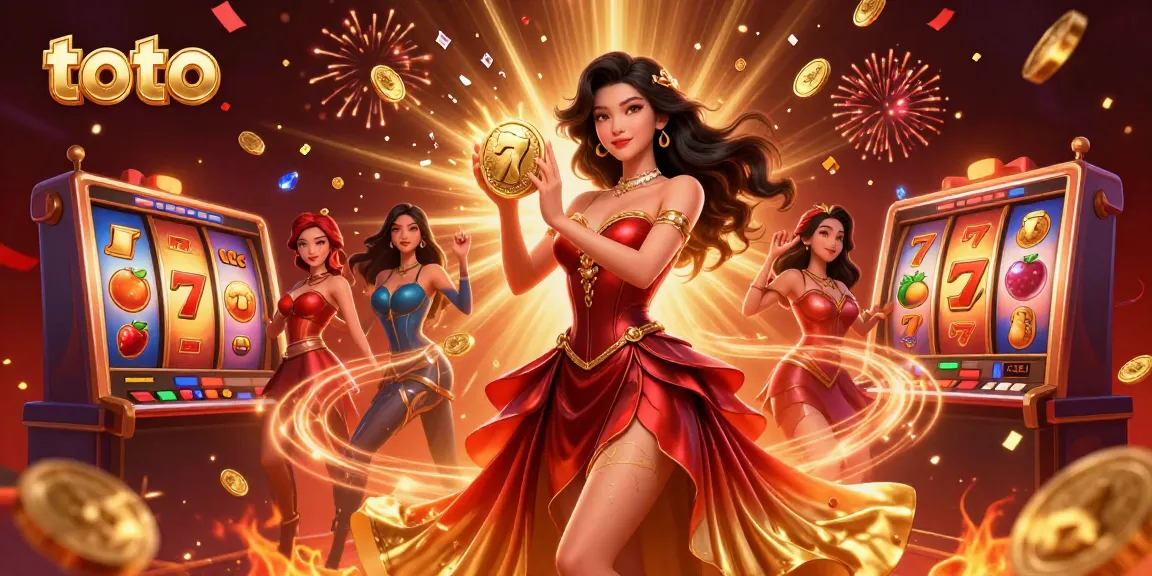 Experience thrilling toto casino action with a stunning Asian woman holding a golden coin as slot reels spin around her.