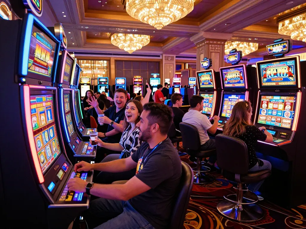 Pemain merayakan di sekitar mesin link slot yang berwarna-warni di kasino Las Vegas