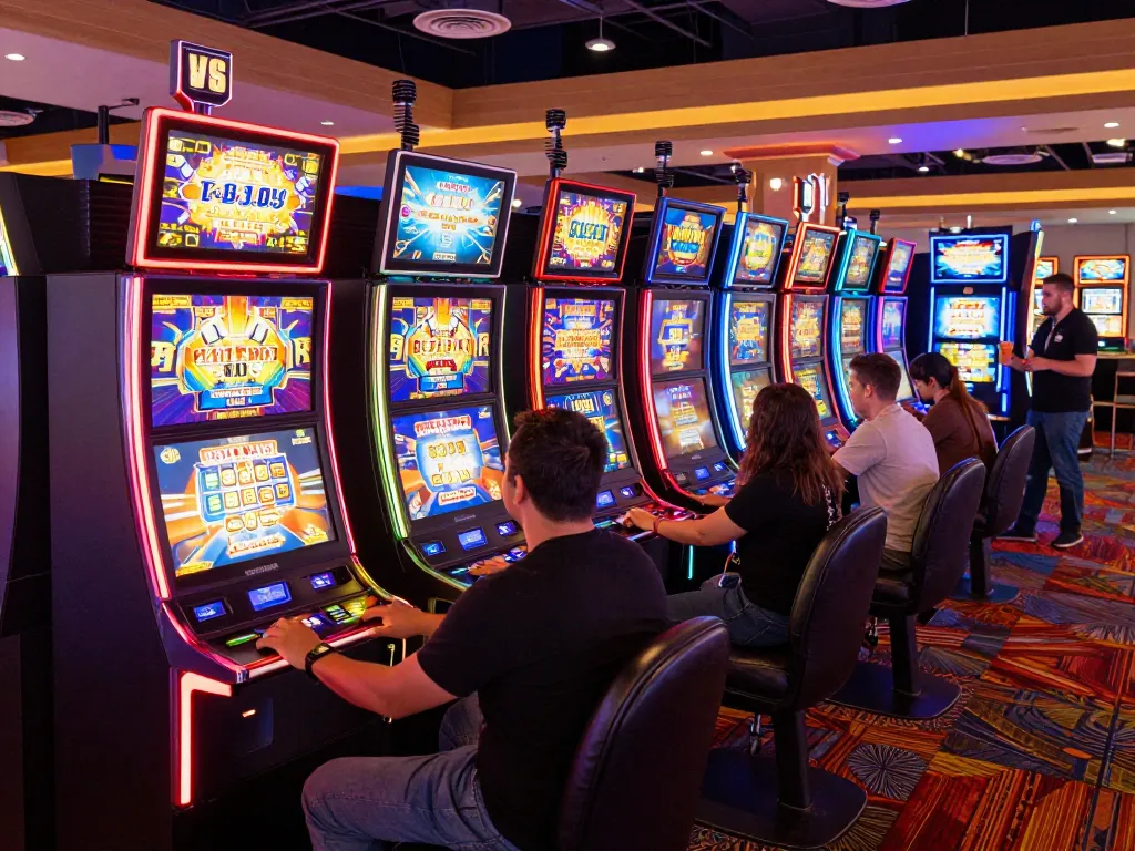Players enjoying the thrill of slot machines in a lively casino environment
