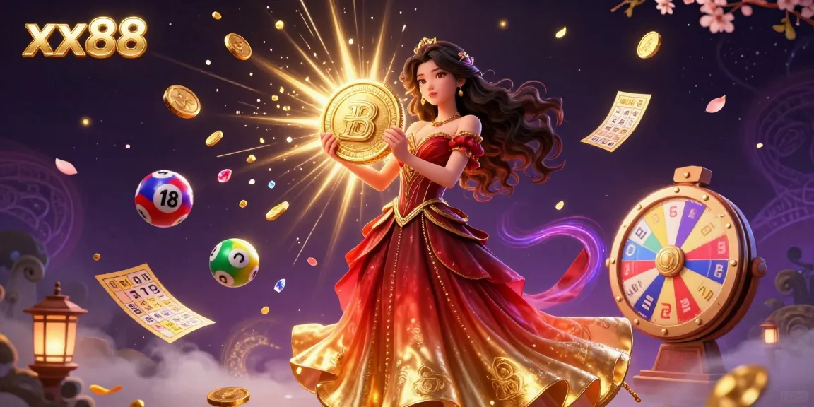Experience the thrills of xx88 with an illustration of a winning moment, golden coins and prizes raining down.