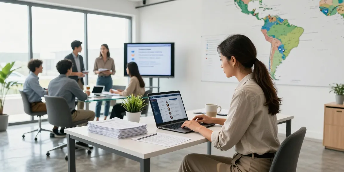 Recruiter hiring remote employees Latin America, vibrant office setting with team collaboration.
