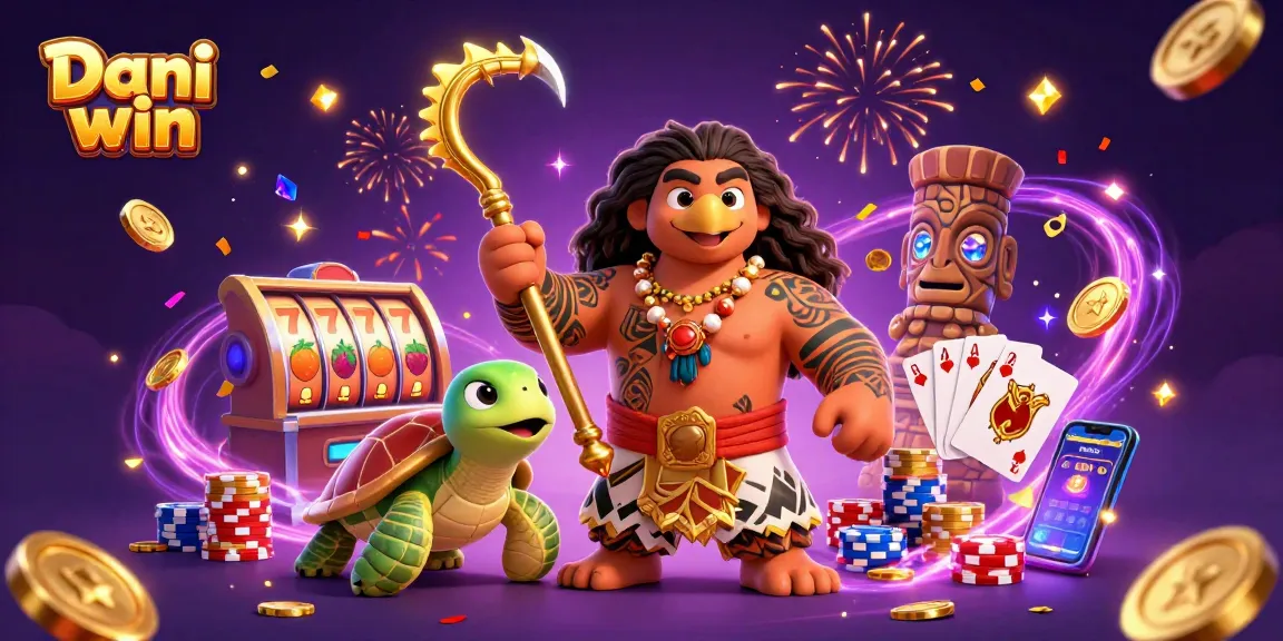 Dhani win logo features a Maui-style demigod in a casino-themed adventure with slot machines and coins.