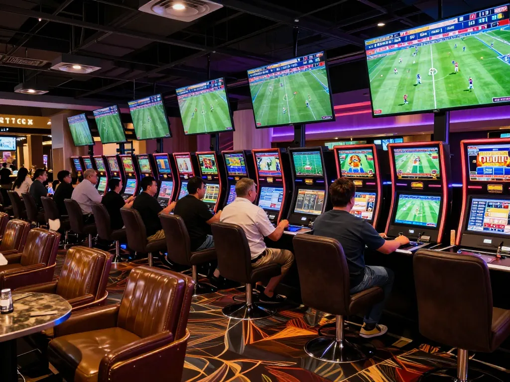 Kết Quả Bóng Đá displayed on screens as bettors enthusiastically place their wagers in a busy sports lounge.