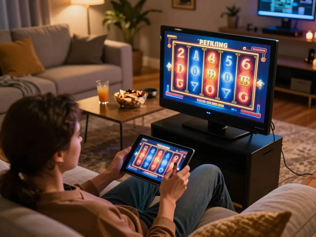 Engaging in exciting slot games at LV88 while relaxing at home using a tablet.