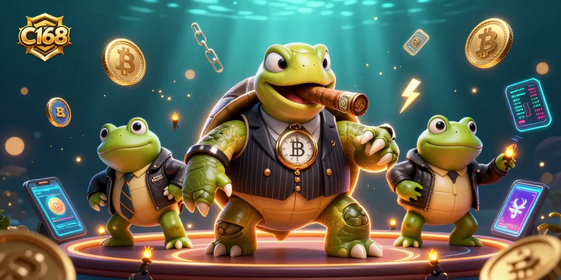 Engage in thrilling gameplay at C168 with a snapping turtle mobster and bullfrog enforcers amidst vibrant casino lights.