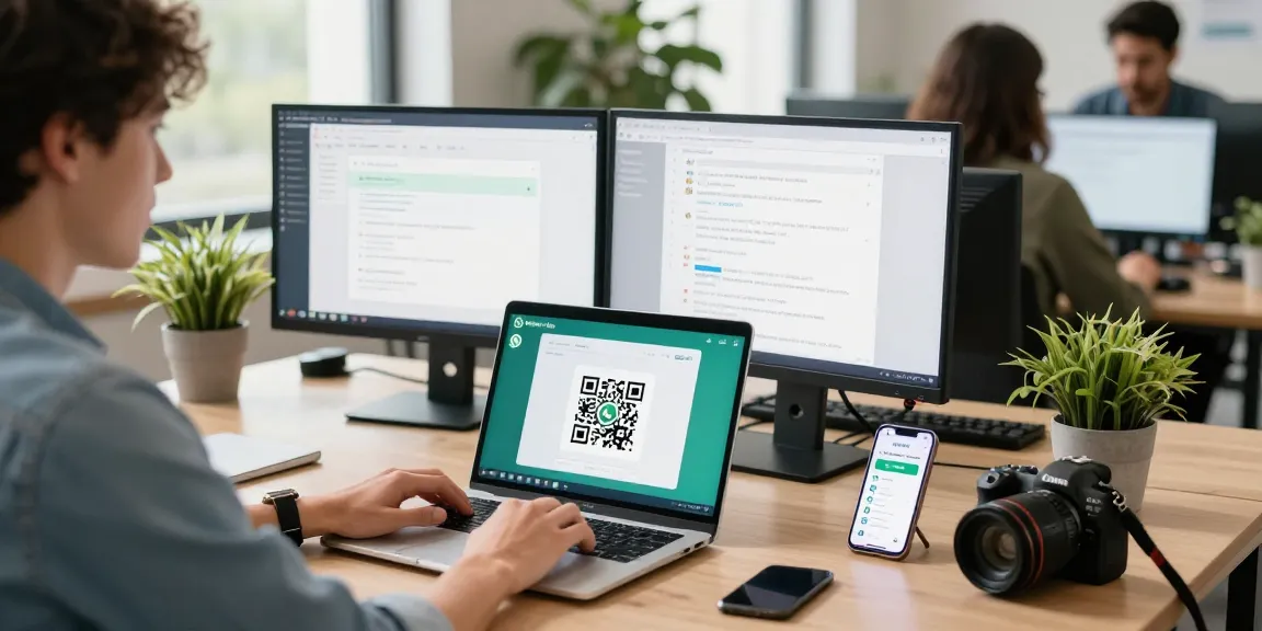 Using WhatsApp網頁版 on a laptop in a modern office setting.