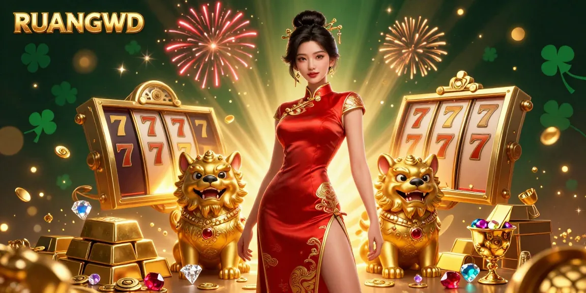 Play exciting slots with RUANGWD in this vibrant 3D casino scene filled with treasures and fireworks.