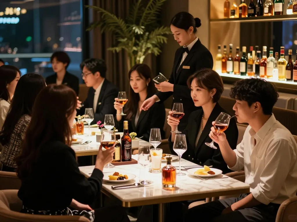 Experience the luxury of 강남쩜오 nightlife with elegant guests enjoying drinks in a plush lounge.