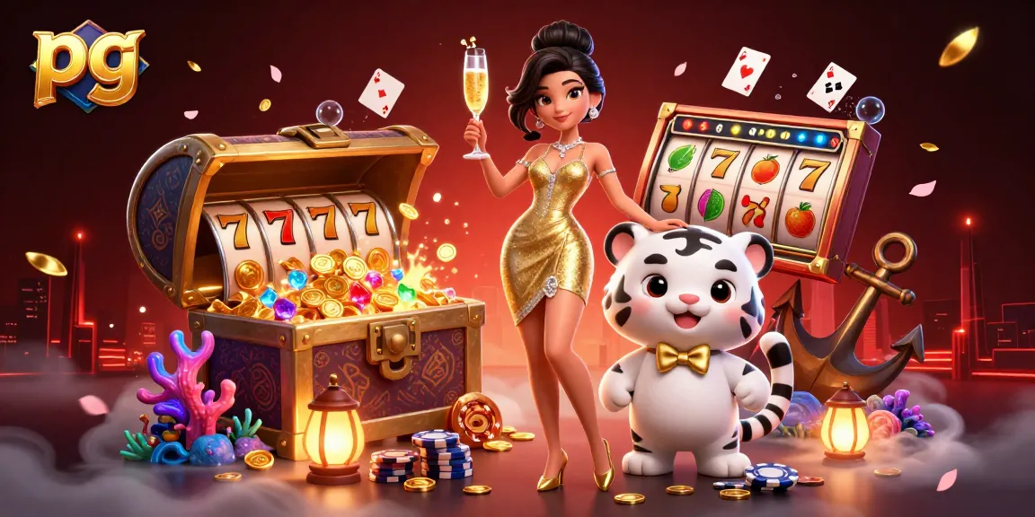 Play pg slots with a glamorous woman and a lucky tiger cub amid vibrant casino elements.
