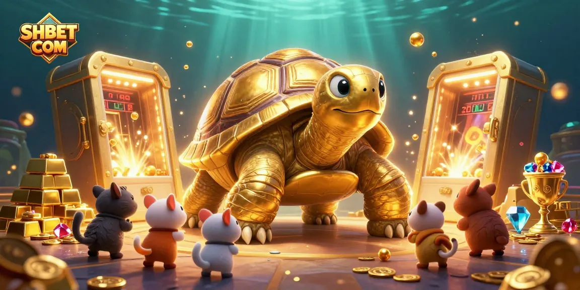 Experience the fun at SHBET COM with a colossal golden tortoise pinball in a dynamic casino scene.