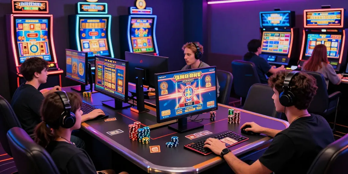 A group of players enjoying slot games in a neon-lit gaming environment, showcasing excitement and digital engagement.