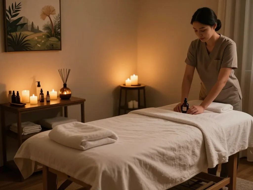 Relaxing 인계동마사지 therapy room with soothing ambiance and natural elements.