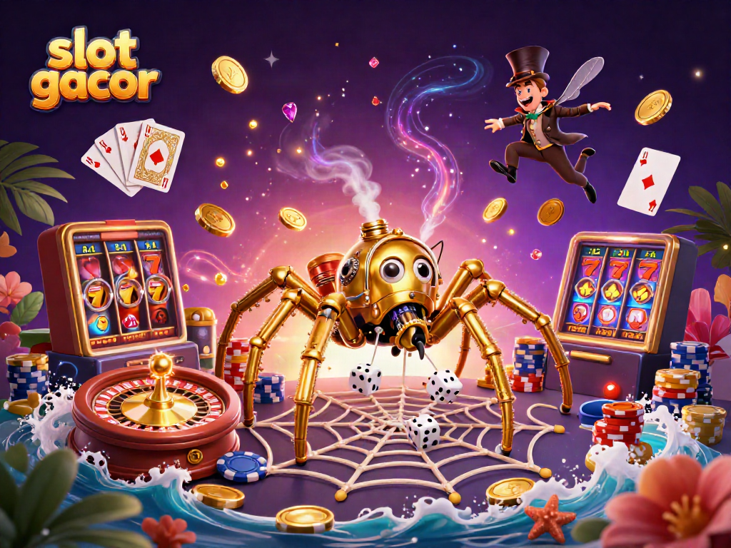 Engage with slot gacor dynamics as a magical steampunk spider weaves its web amidst casino treasures.