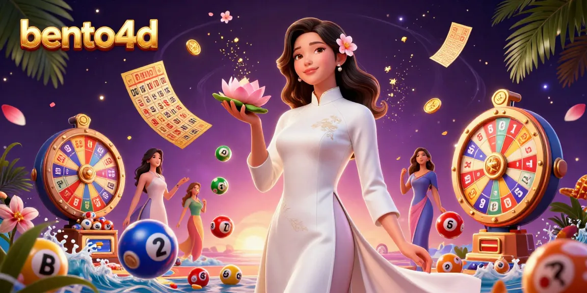 Bento4d menghadirkan kegembiraan dengan elemen lotere yang berwarna-warni dan seorang wanita Vietnam yang anggun dalam suasana kasino yang dinamis.