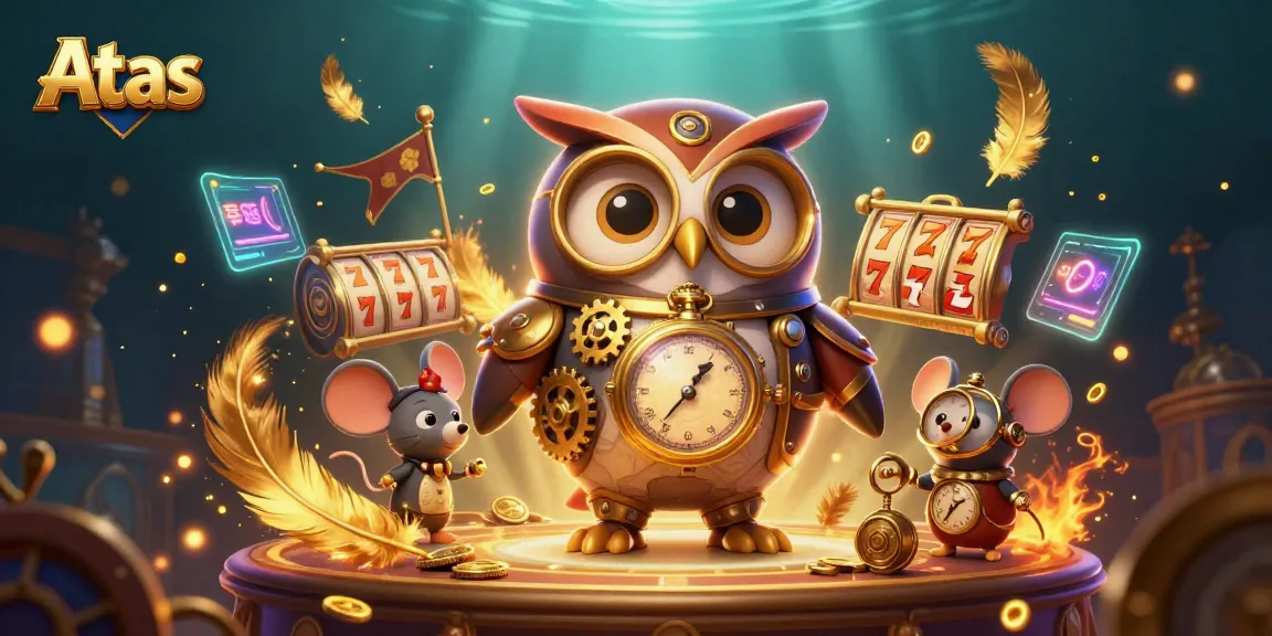 Engage with the Atas casino via a thrilling scene featuring a steampunk owl and a clockwork mouse amidst slot reels and golden coins.