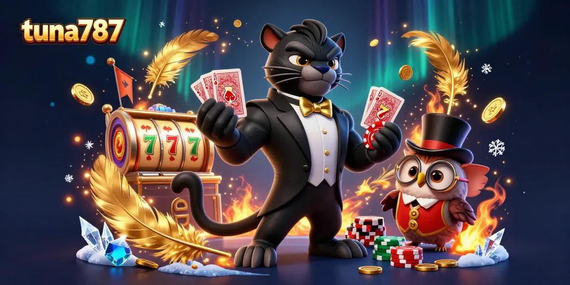 Gambar ilustrasi 3D tuna787 dengan karakter panther dan permainan slot menarik, memberikan energi kasino yang meriah.
