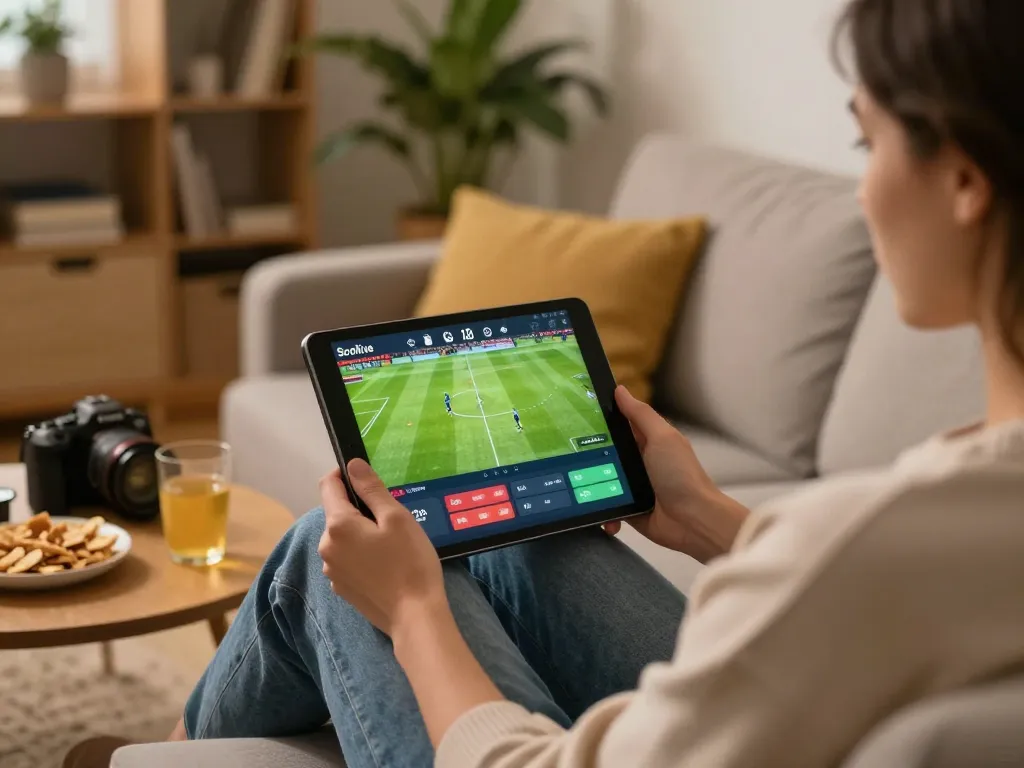 Socolive user engaged in live football streaming on tablet in cozy home setting