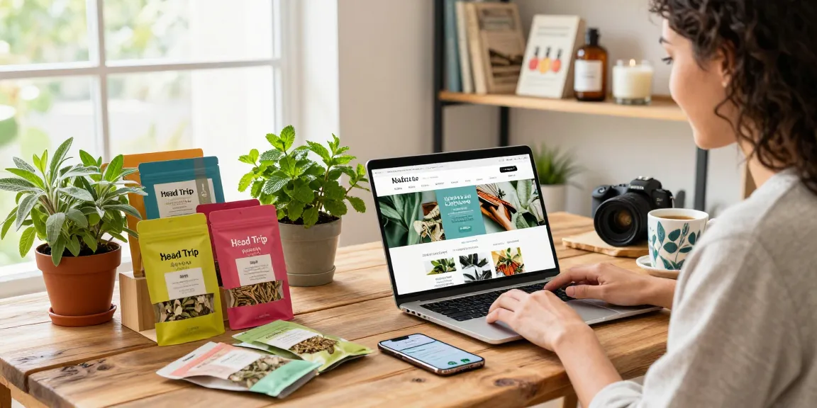 Buy Head Trip Herbal 56g incense showcased in a vibrant e-commerce workspace filled with herbal products and wellness literature.