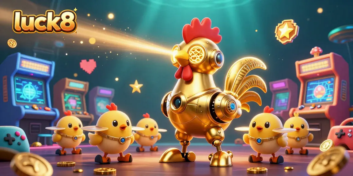 Experience thrill with luck8, a vibrant 3D casino scene featuring a golden rooster robot and arcade games.
