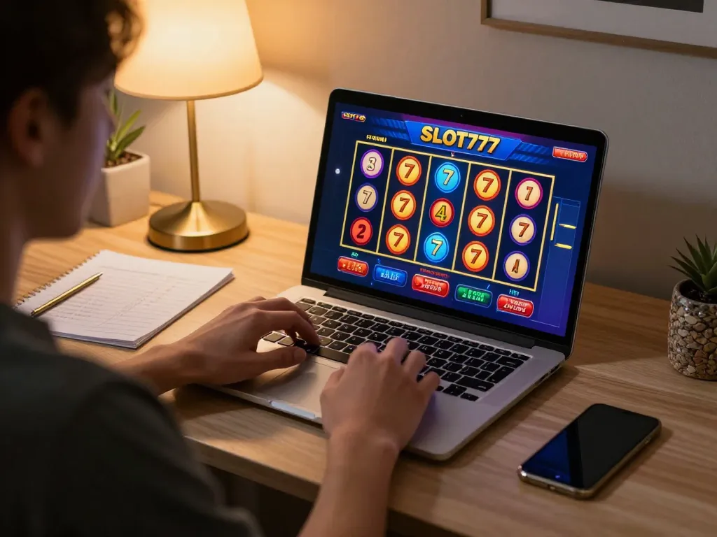 Engaging gameplay with slot777 resmi on laptop, emphasizing strategy and comfort in home gaming