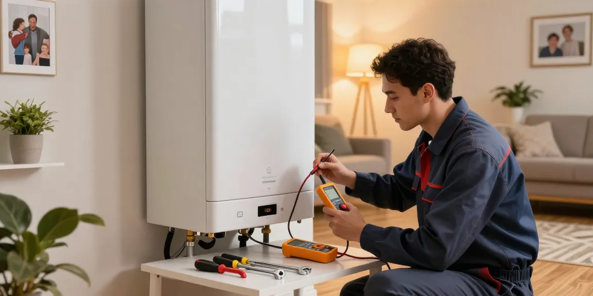 Expert technician performing boiler repair belfast in a cozy home setting with modern equipment.