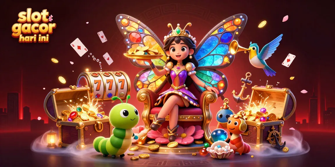 Experience the excitement of slot gacor hari ini with this vibrant casino illustration featuring a butterfly queen and jackpot reels.