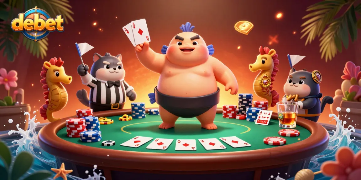 Engage in debet poker with a fugu in a vibrant underwater scene filled with cards and chips.