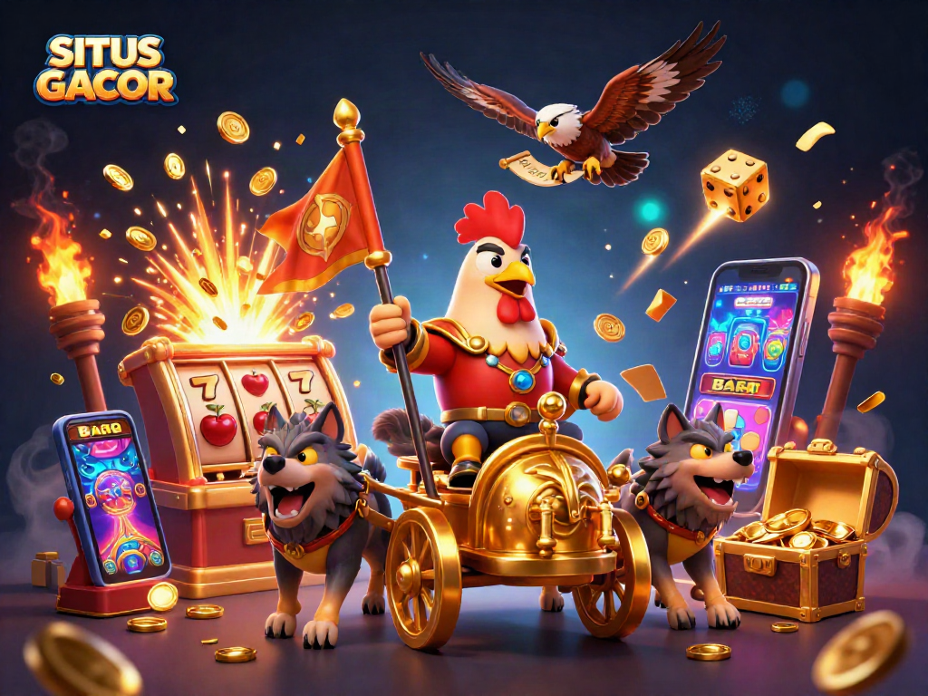 Experience thrilling jackpots at SITUS GACOR, featuring a cartoon rooster warlord amidst flying casino symbols.