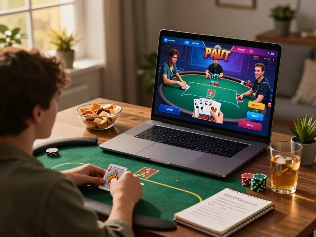 Players dive into strategic poker hands while using kp88 online, surrounded by gourmet snacks and a cozy atmosphere.